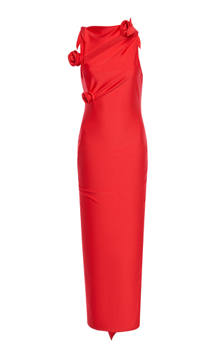 Asymmetric Rosette-Detailed Stretch-Satin Gown