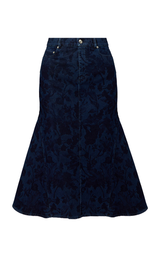 Raw-Edge Floral Denim Midi Skirt