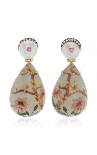 Marquetry Flower 18K Yellow Gold Pearl, Diamond Earrings