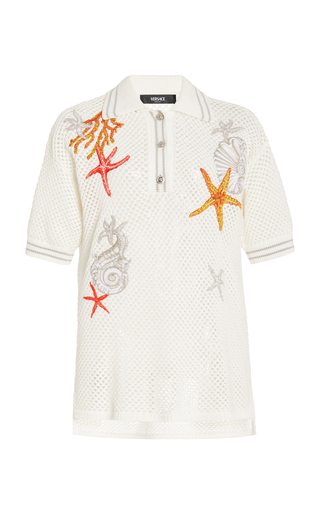 Coral-Embroidered Knit-Cotton Polo Top